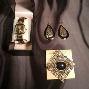 Black &  gold tone lot of jewelry, 2" drop earring, NWT brooch,& NWT cuff watch